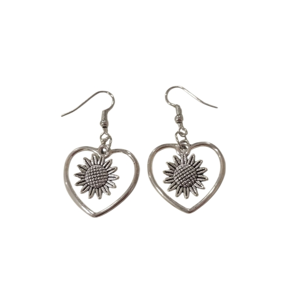 Silver Heart Sunflower Earrings - Picture 1 of 1